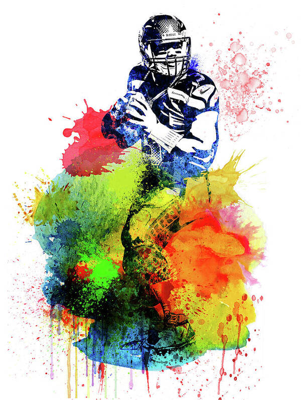 Russell Wilson Poster featuring the mixed media Russell Wilson Watercolor I by Naxart Studio