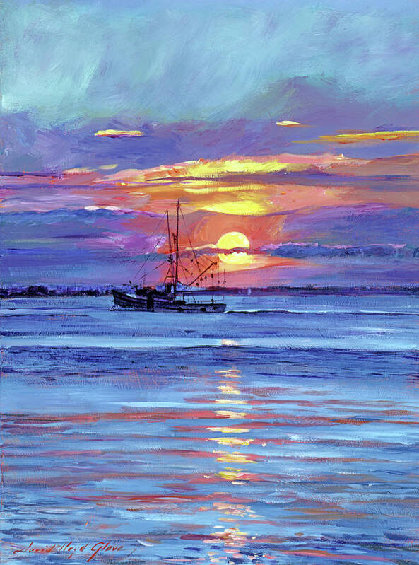 Impressionist Poster featuring the painting Salmon Trawler at Sunrise by David Lloyd Glover