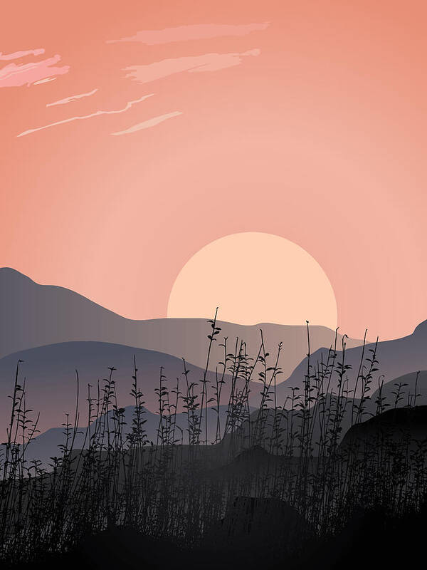 Posters Poster featuring the drawing Scenic view of sunset in a desolate landscape, Mountains grass silhouette, Sunset sunrise mountain by Mounir Khalfouf
