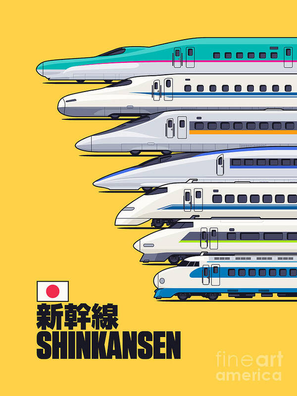 Train Poster featuring the digital art Shinkansen Bullet Train Evolution - Yellow by Organic Synthesis
