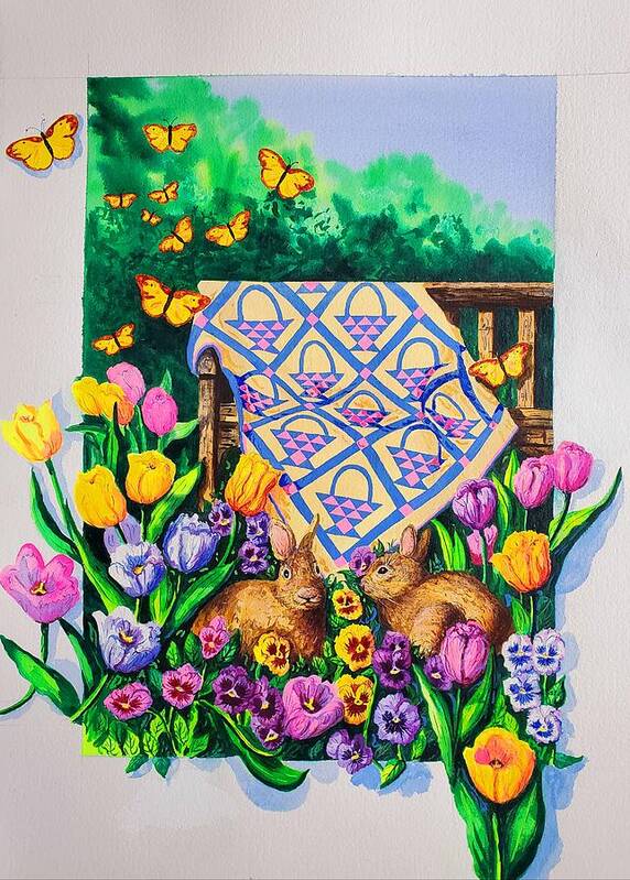 Quilt Poster featuring the painting Spring Bunnies and Basket Quilt by Diane Phalen