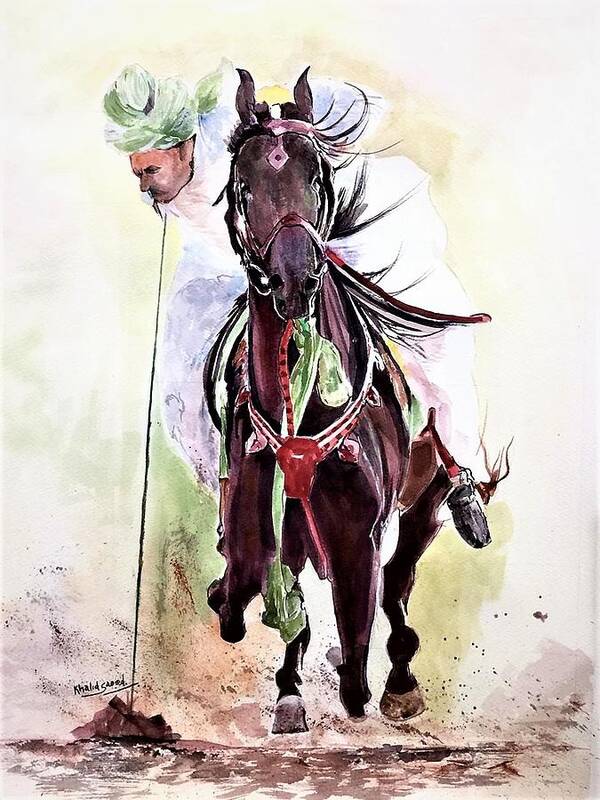 Horse Poster featuring the painting Stallion in green scarf. by Khalid Saeed