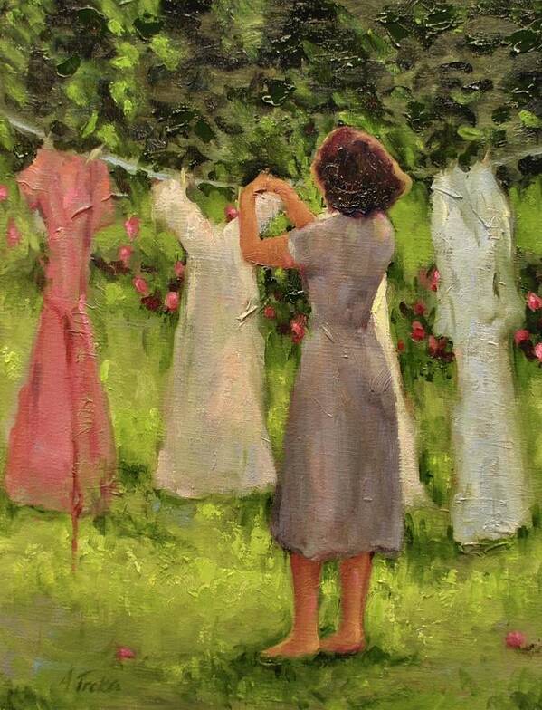 Women Hanging Clothes Poster featuring the painting Summer Breeze by Ashlee Trcka