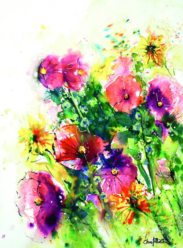 Hollyhocks Poster featuring the painting Summer With The Hollyhocks by Cheryl Prather
