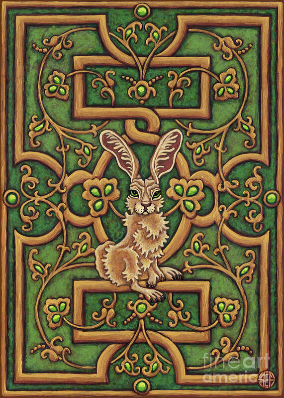 Hare Poster featuring the painting The Legend of Hare Terra. Illuminated Book Cover. Emerald by Amy E Fraser
