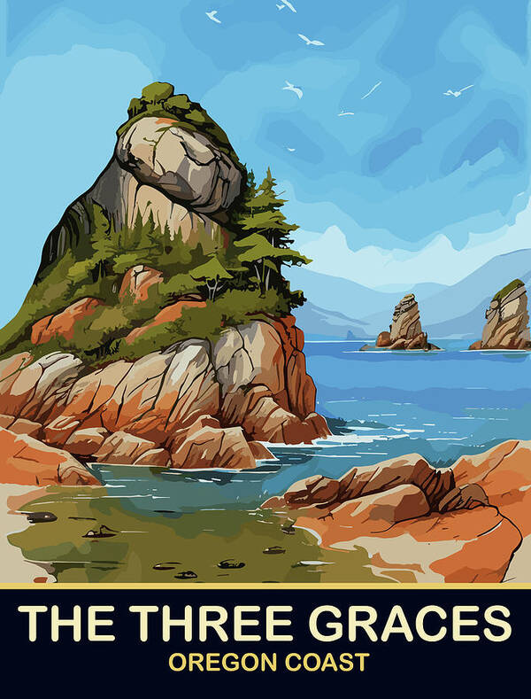 Three Graces Poster featuring the digital art The Three Graces, Oregon Coast by Long Shot
