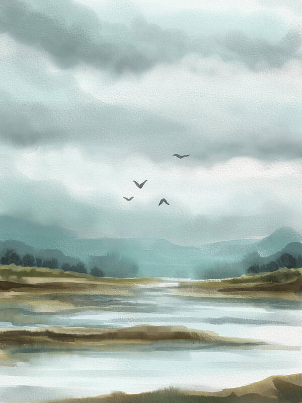Watercolor Landscape Poster featuring the digital art The Waterway - Watercolor Landscape by Shawn Conn