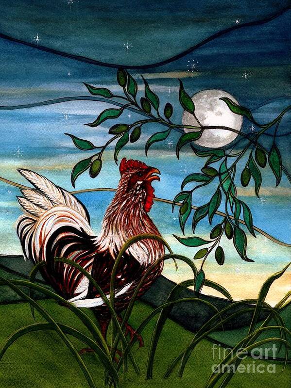 Rooster Poster featuring the painting To greet the morning light - Rooster by Janine Riley