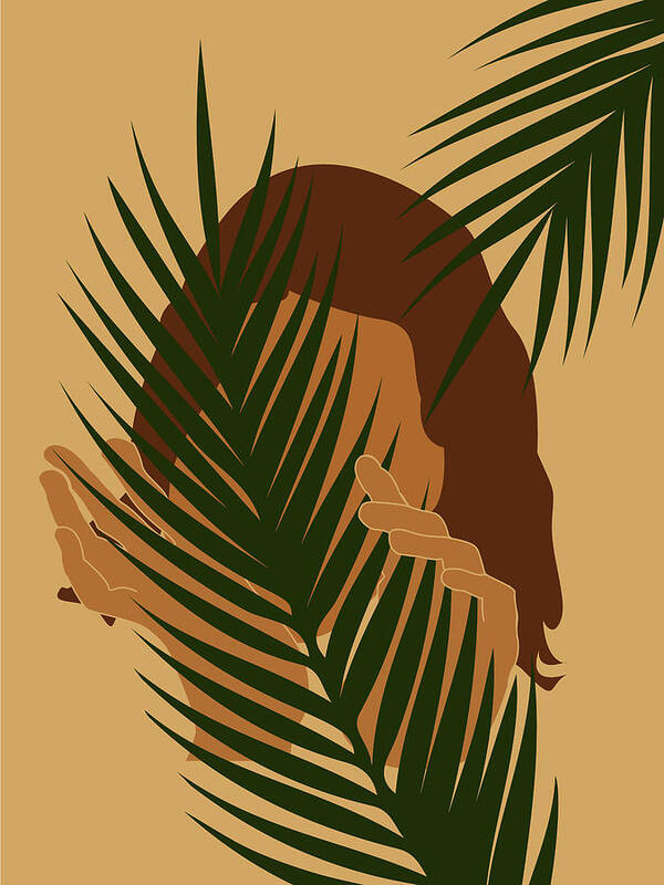 Tropical Reverie Poster featuring the mixed media Tropical Reverie - Modern Minimal Illustration 03 - Girl with palm leaf - Tropical Aesthetic - Brown by Studio Grafiikka