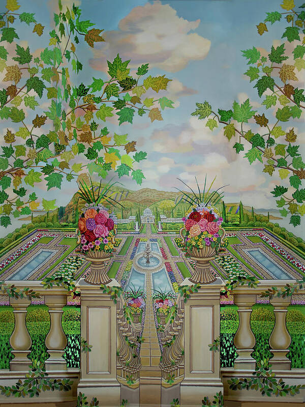  Poster featuring the painting Tuscany Fountain Gardens Fleece Blanket Version by Bonnie Siracusa