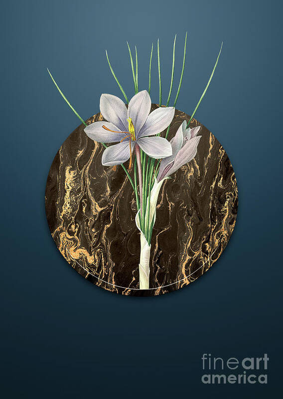 Vintage Poster featuring the painting Vintage Autumn Crocus Art in Gilded Marble on Dusk Blue by Holy Rock Design