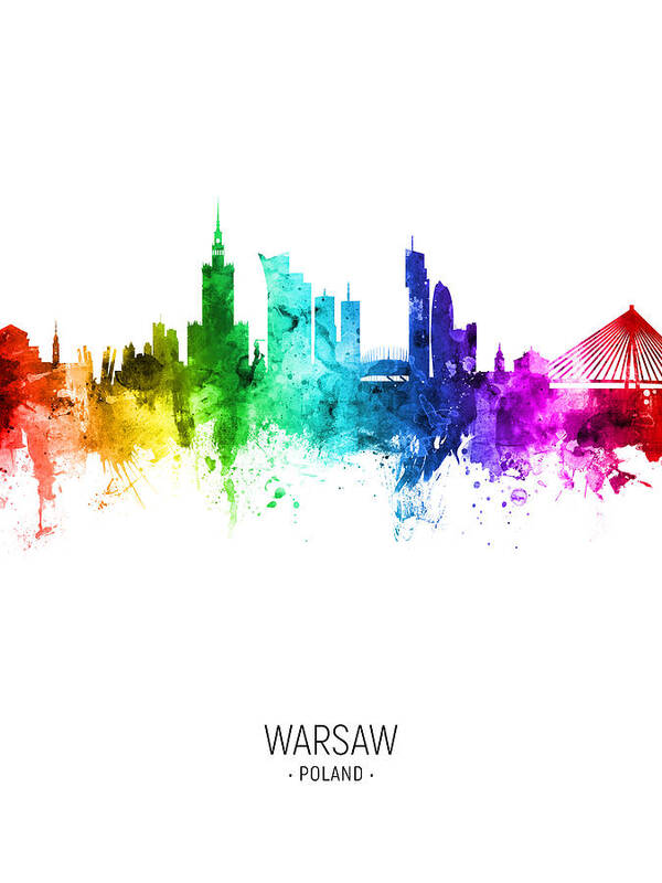 Warsaw Poster featuring the digital art Warsaw Poland Skyline #07 by Michael Tompsett
