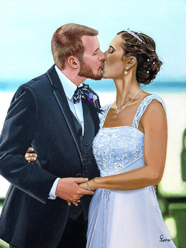 Wedding Marriage Married Marry Engage Engagement Husband Wife Bride Groom Man Woman Male Female Boy Girl Ceremony Reception Party Event Black Tuxedo Suit Bow Tie Vest Jacket White Dress Tiara Flower Bouquet Ring Necklace Earing Fancy Formal Attire Love Romance Romantic Portrait Poster featuring the painting Wedding Kiss by Christopher Spicer