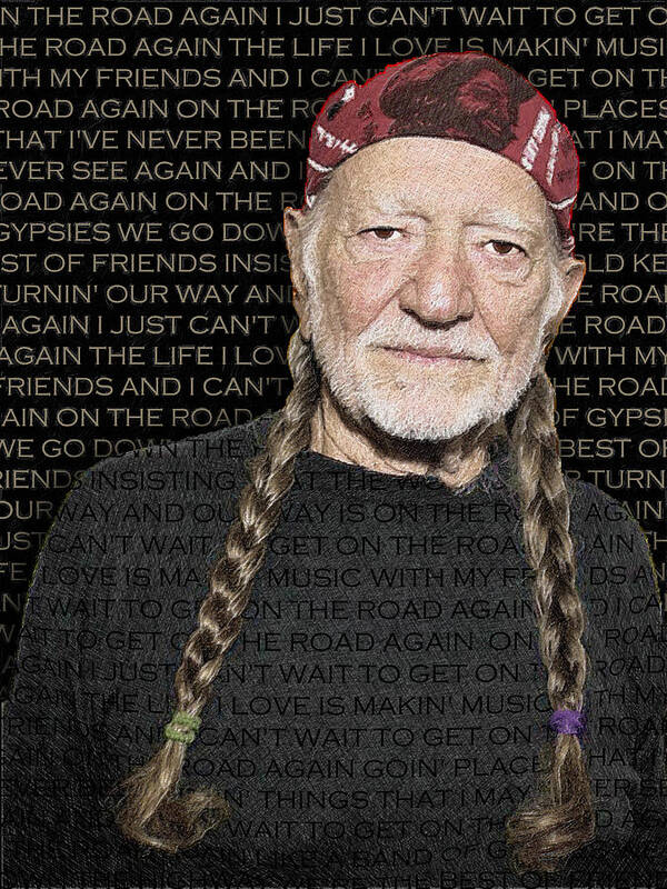 Willie Nelson Poster featuring the painting Willie Nelson And On The Road Again Lyrics by Tony Rubino