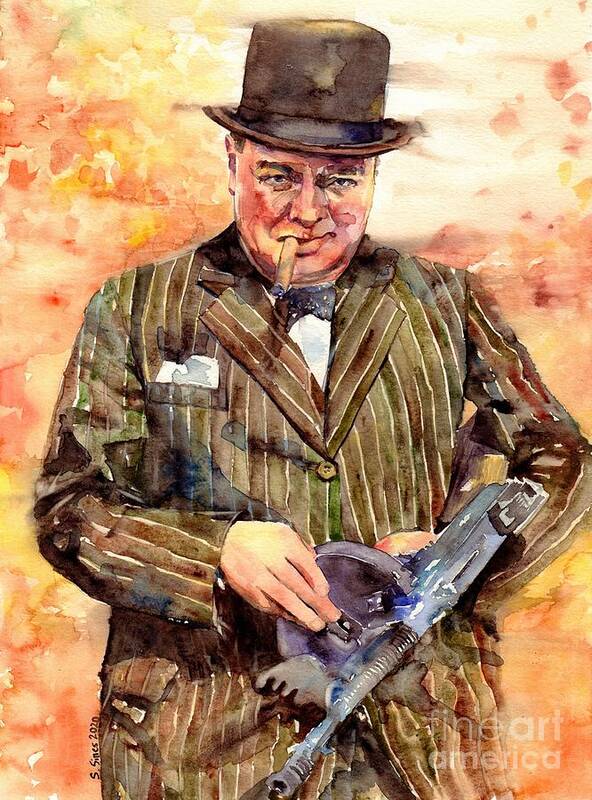 Winston Churchill Poster featuring the painting Winston Churchill With A Tommy Gun by Suzann Sines