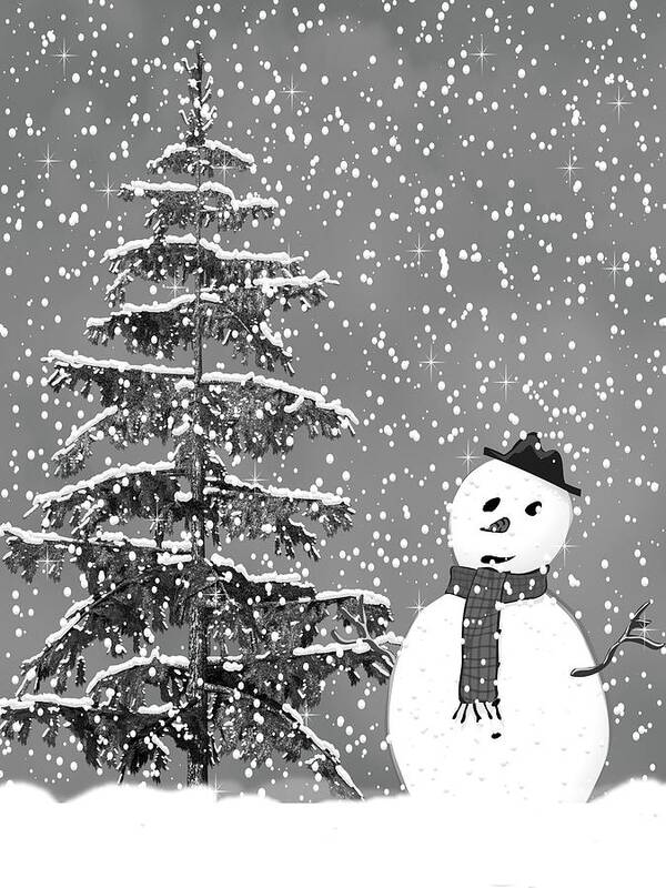 Snowman Poster featuring the mixed media Winter Scene With Snowman 2 Black and White by David Dehner