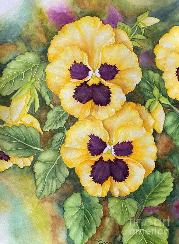 Pansy Poster featuring the painting Yellow pansies, colorful smile by Inese Poga