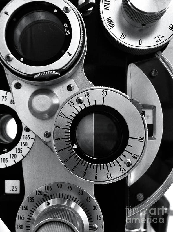 Black And White Poster featuring the photograph Closeup of a Phoropter Eye Examination Equipment by Amy Cicconi