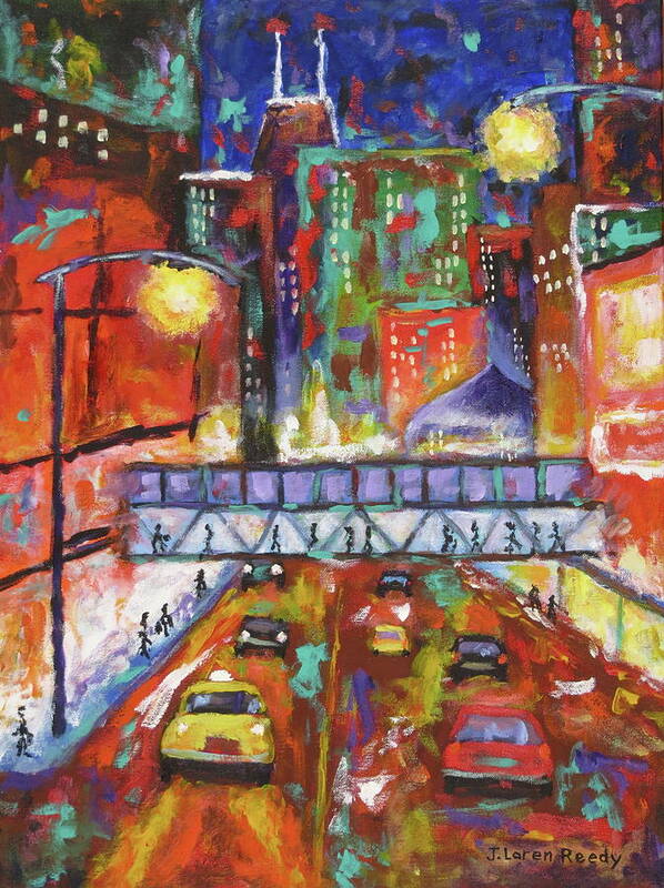 City At Night Poster featuring the painting Pedestrian Bridge by J Loren Reedy