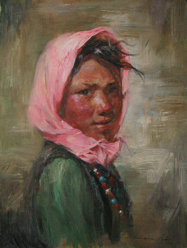 Tibet Poster featuring the painting Pink Scarf by Kelvin Lei