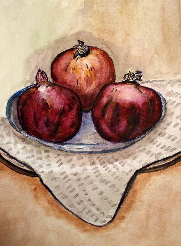 Pomegranate Jerusalem Watercolor Painting Giclee Canvas Poster featuring the painting Ripe Pomegranates . by Shlomo Zangilevitch