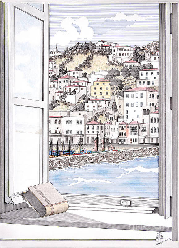 Vintage Poster featuring the drawing Window to Hydra by Panagiotis Mastrantonis