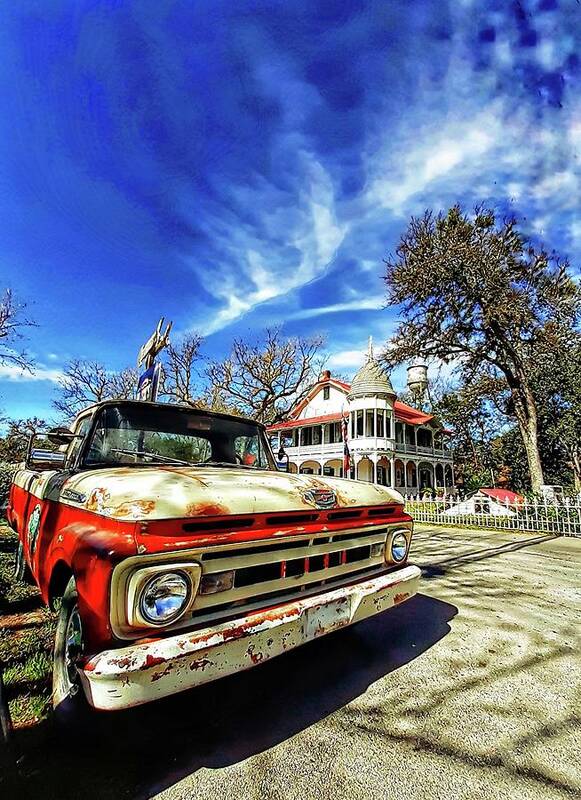 #gruene #texas #truck #retro #sky #blue #mansion Poster featuring the photograph Gruene, Texas by Stoney Lawrentz