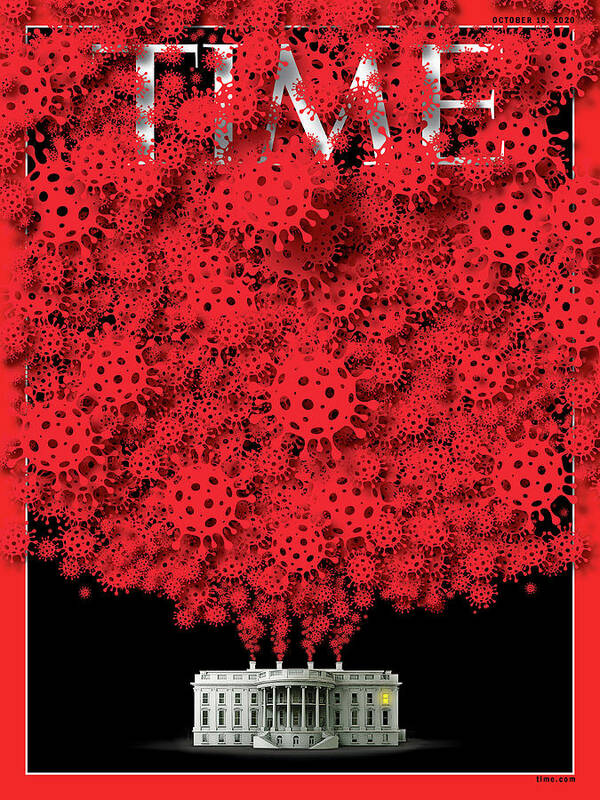 President Donald Trump Poster featuring the photograph Trump Covid White House by Time Illustration - viral cell icon - bgblue Getty Image