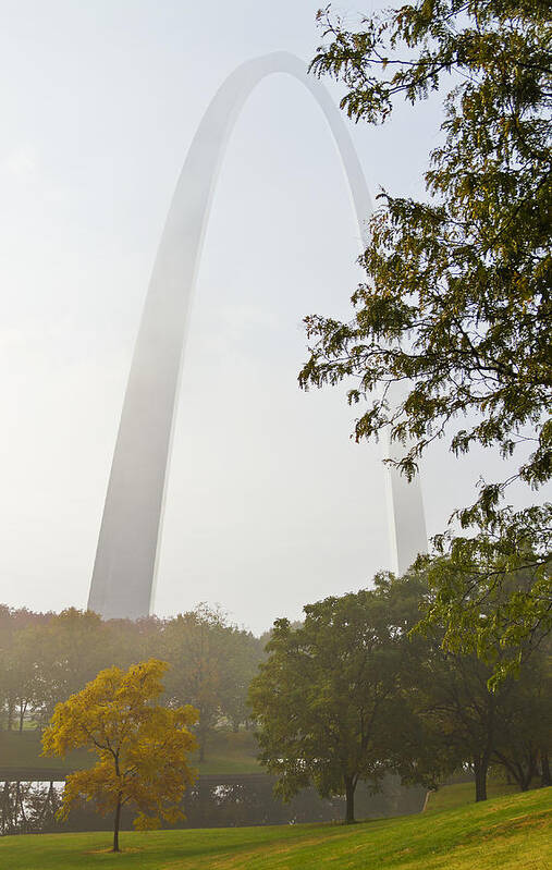 Autumn Colors Poster featuring the photograph St Louis Arch in the early morning fog by Garry McMichael