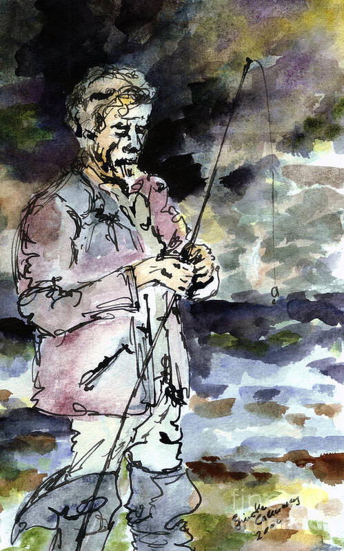  Poster featuring the painting Uncle Paul Fishing in the Pyrenees Mountains by Ginette Callaway