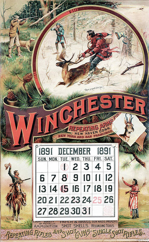 Outdoor Poster featuring the painting 1891 Winchester Repeating Arms And Ammunition Calendar by Fredrick Remington