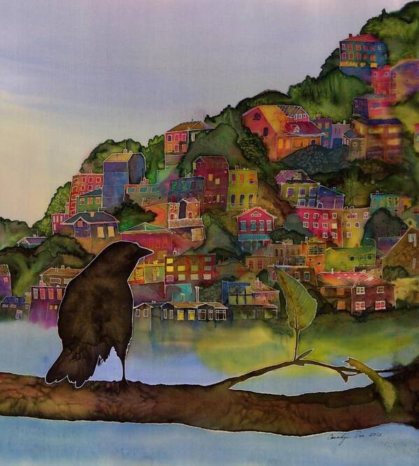 Raven Poster featuring the tapestry - textile Raven and the Village #1 by Carolyn Doe
