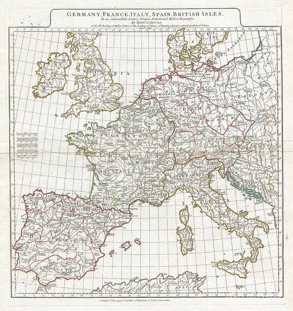 A Large And Dramatic 1794 J. B. B. D'anville Map Of Western Europe. Covers From The British Isles South To Spain And East As Far As Hungary Poster featuring the photograph 1794 Anville Map of Europe in late Roman times by Paul Fearn