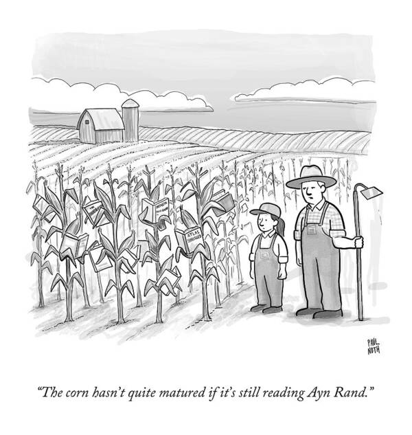 Corn Stalks Poster featuring the drawing A Farmer And His Daughter Look At Cornstalks Who by Paul Noth
