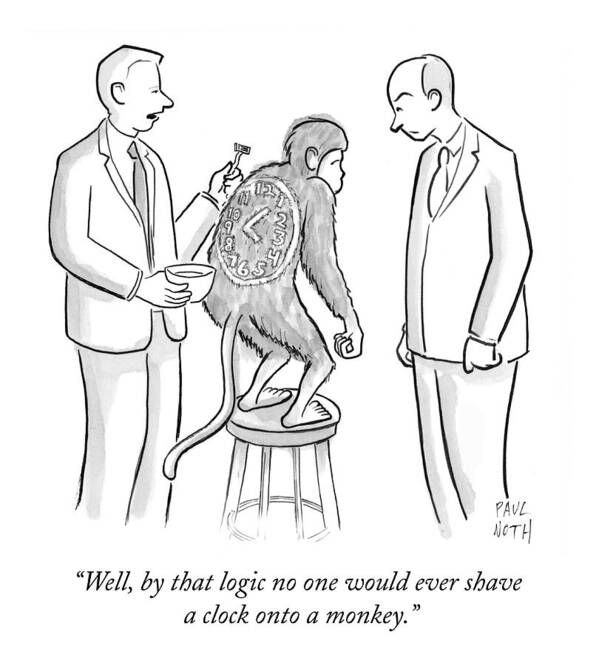 Monkeys Poster featuring the drawing Man Shaving A Clock Onto A Monkey's Back by Paul Noth