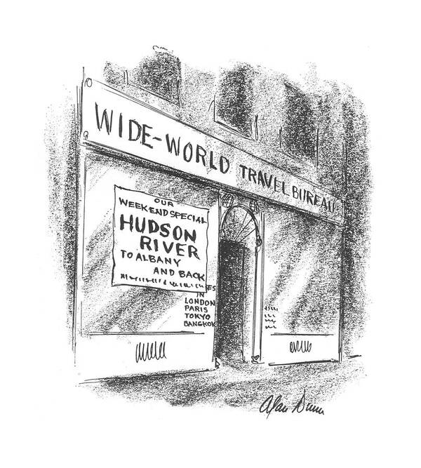 111972 Adu Alan Dunn Sign On Window Of Wide-world Travel Bureau Advertises Trips Up The Hudson. Advertises Agency Away Bargain Bureau Far Foreign Global Globe Holiday Hudson Journey Long Neighborhoods New Regional Sale Sales Sign Special Specials Travel Traveling Trip Trips Vacation Wide-world Window York Poster featuring the drawing New Yorker June 6th, 1942 by Alan Dunn