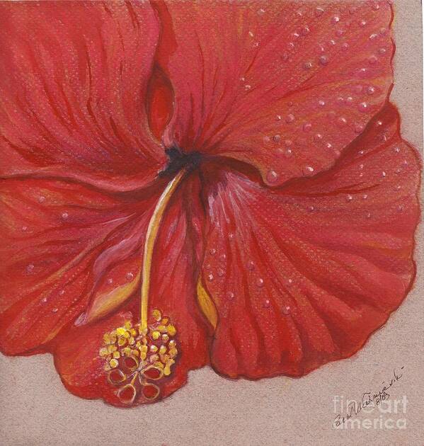 Hibiscus Poster featuring the painting The Red Hibiscus in Dew Time by Carol Wisniewski
