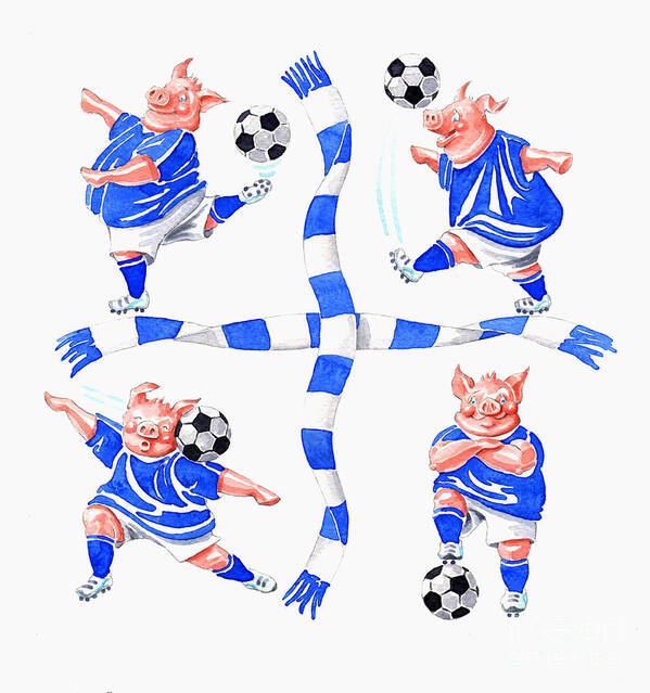 Pigs Football Tricks Blue Headder Back Kicks Male Boy Birthday Poster featuring the painting Footie moves by Debbie Diamond