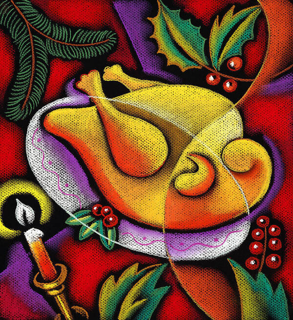 Abundance Bowl Celebration Cloth Color Color Image Colour Cranberry Cut Out Cut-out Dish Domestic Life Drawing Festivity Food Food And Drink Fruit Furniture Glass Health Healthy Healthy Eating High Angle View Illustration Illustration And Painting Lifestyle Nobody Nourishing Nutrition Nutritious Platter Pumpkin Pie Red Wine Silhouette Squash Studio Studio Shot Table Tablecloth Thanksgiving Turkey Vegetable Vertical White Background Wholesome Wine Glass Yam Poster featuring the painting Holiday turkey dish by Leon Zernitsky