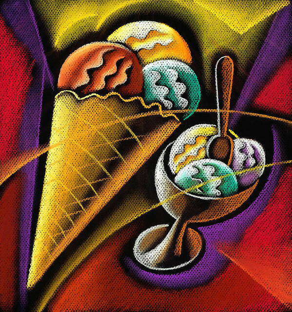 Coloured Cone Cones Dairy Products Dessert Food Graphic Ice Ice Cream Ice Creams Icecream Icecreams Illustration Illustrations Milk Products Mouth Watering One Picture Pictures Pink Snack Strawberry Sweet Temptation Vertical White Background Decorative Art Absttract Painting Poster featuring the pastel Icecream by Leon Zernitsky