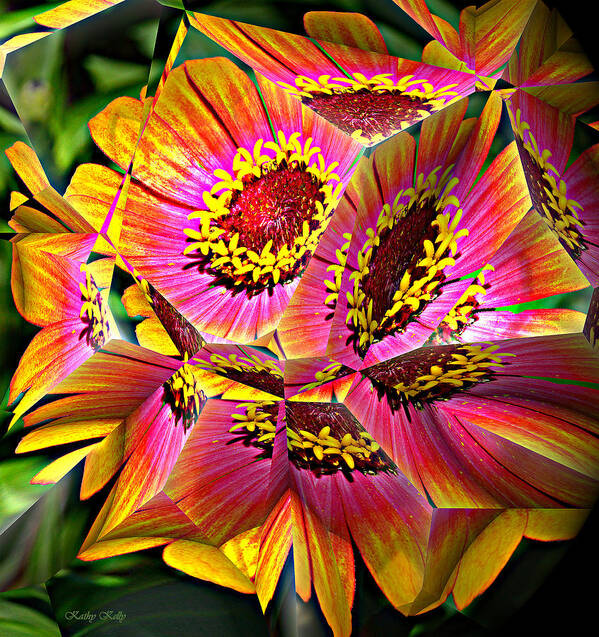 Flower Poster featuring the digital art Abstract Yellow Flame Zinnia by Kathy Kelly