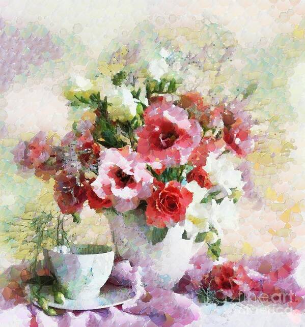 Floral Bouquet Table Setting In Tiny Bubbles Poster featuring the painting Floral Bouquet Table Setting In Tiny Bubbles by Catherine Lott