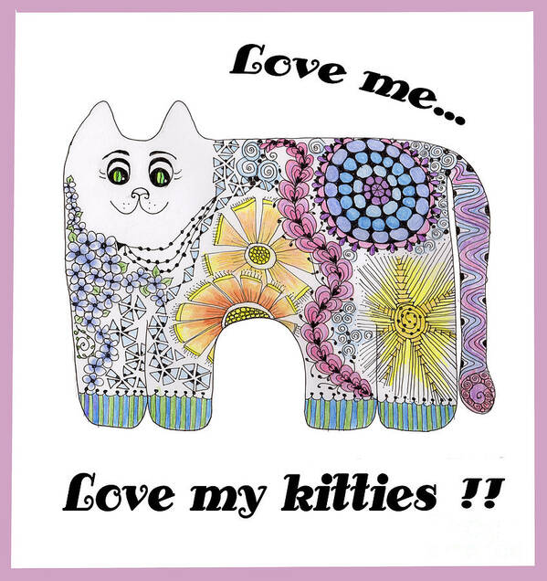Kitties Cat Flowers Zentangles Doodles Poster featuring the tapestry - textile Love Me...Love My Kitties by Ruth Dailey