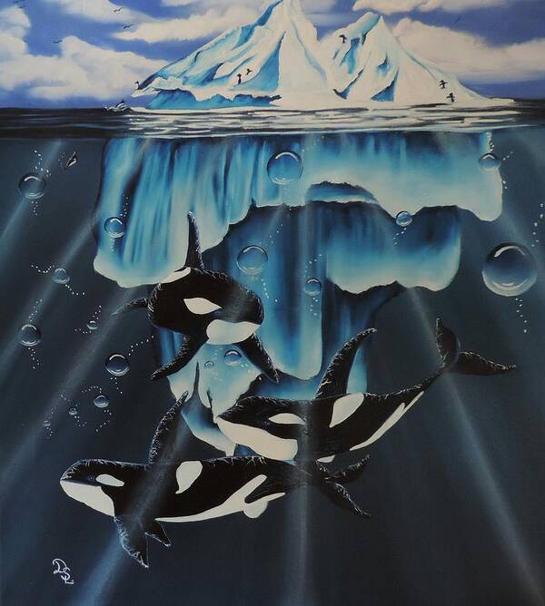 Antarctica Poster featuring the painting Orcas versus Glacier by Dianna Lewis
