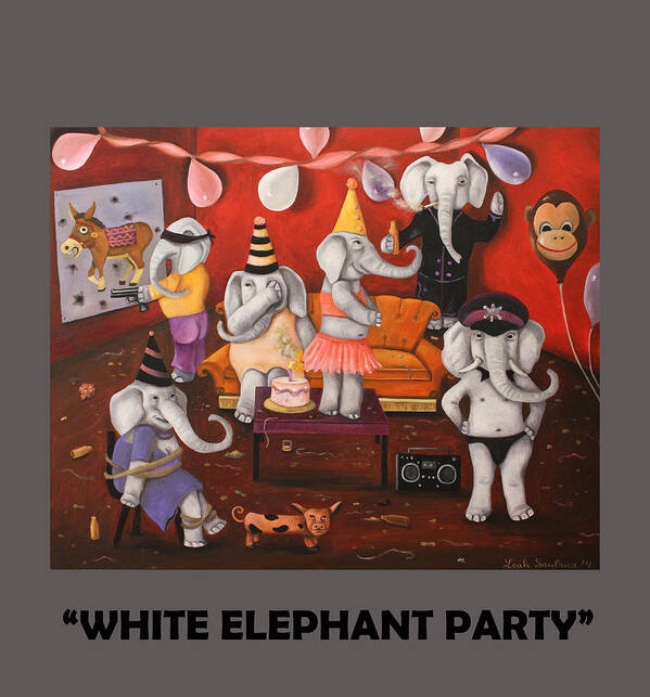 White Elephant Party Poster featuring the painting White Elephant Party with Lettering by Leah Saulnier The Painting Maniac