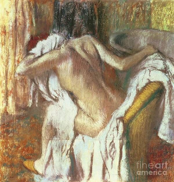 Woman Drying Herself Poster featuring the pastel Woman drying herself by Edgar Degas