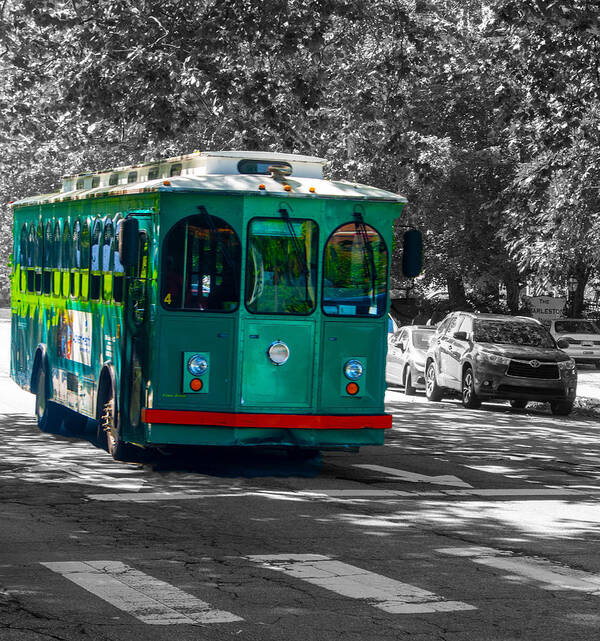 Trolley Poster featuring the digital art A Colorful Trolley on a Black and White Backrgound by L Bosco