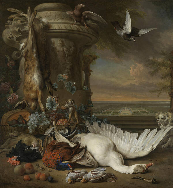 18th Century Art Poster featuring the painting A Monkey and a Dog Beside Dead Game and Fruit by Jan Weenix
