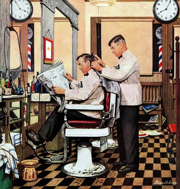 Barbers Poster featuring the drawing Barber Getting Haircut by Stevan Dohanos