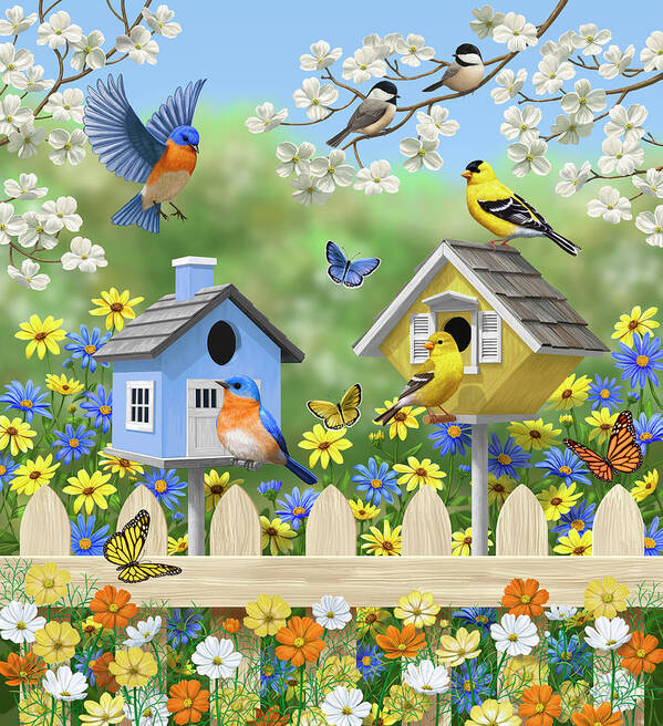 Birds Poster featuring the painting Bluebirds Goldfinches Chickadees Birdhouses Spring Flower Garden by Crista Forest